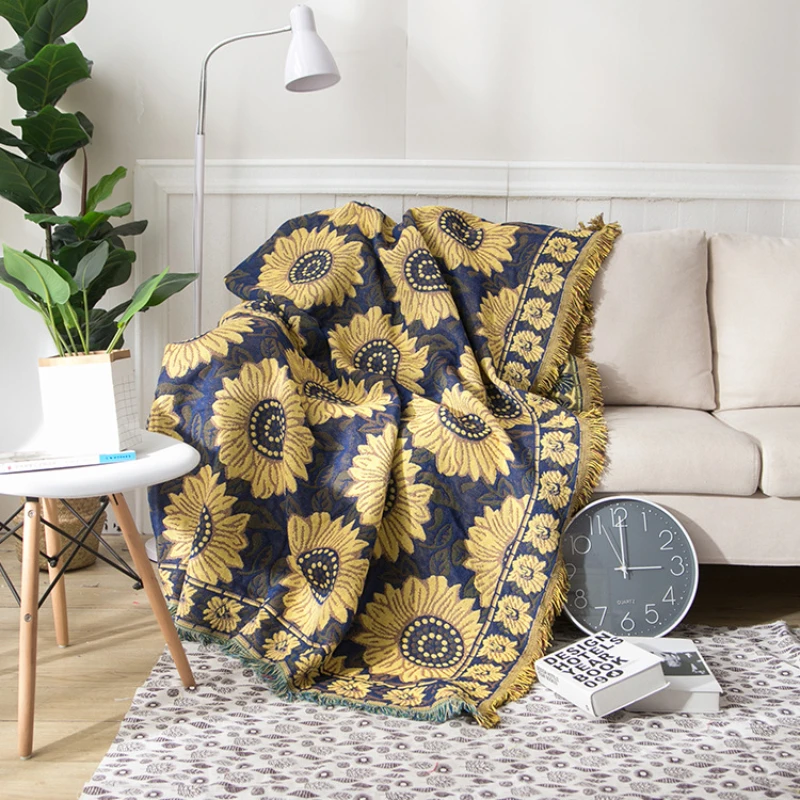Boho Throw Blanket Fringe - Текстильный город Ins Сельский синий Подсолнух